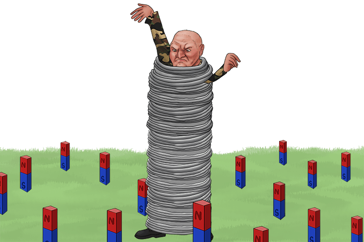 The soldier got annoyed (solenoid) when he was wrapped in a coil of wire in a field of magnets (magnetic field)