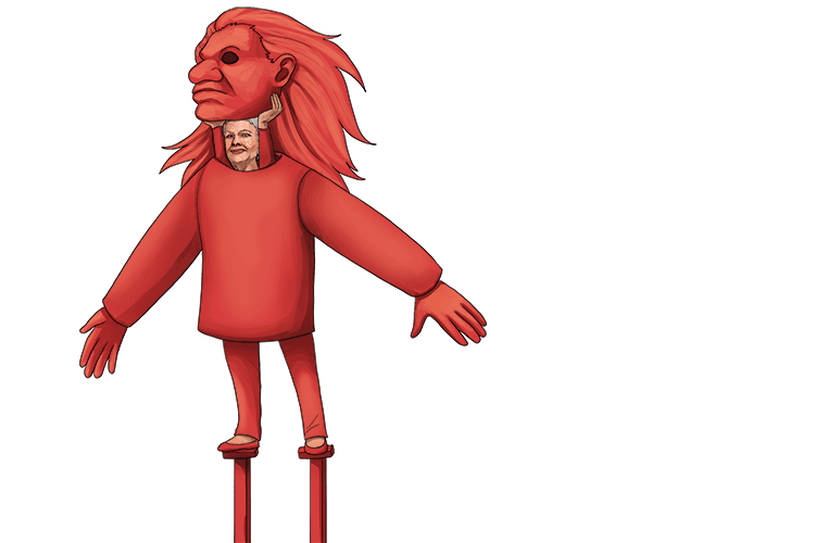 The actor goes into a dressing room and gets dressed up as a big red giant (red giant).