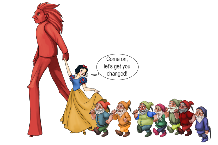 She then holds hands with Snow White and the seven dwarfs (white dwarf).