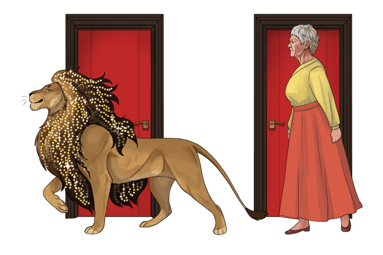 A lion with a beautiful mane full of sequins comes over and leads the star (main sequence star) off towards the choice of two doors.