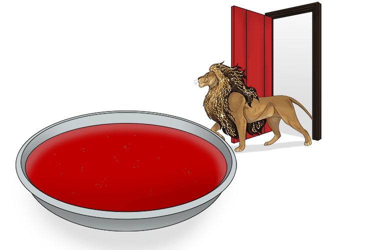 The lion goes through one of the doors, he's looking forward to a meal because he hasn't eaten all day. Inside the room is a red soup and it's giant (red super giant). 