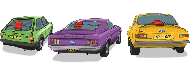 On the back of all the Ford (Ford) cars were strapped Jerry (Gerald) cans because it was such a long way to the movies.