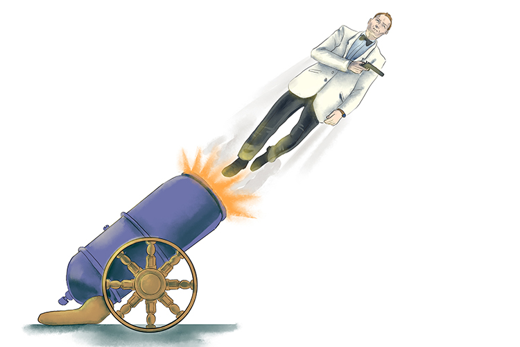 The blue cannon (Buchanan) fired James Bond (James) into the sky.