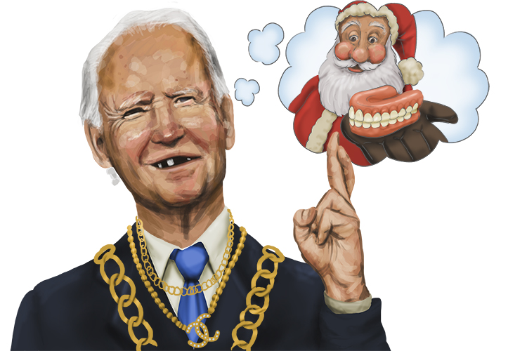 He was rich (46) that was obvious, and the president decided he needed to buy new dentures (Biden) but was told: don't worry, Santa (021=2021) will probably sort you out.