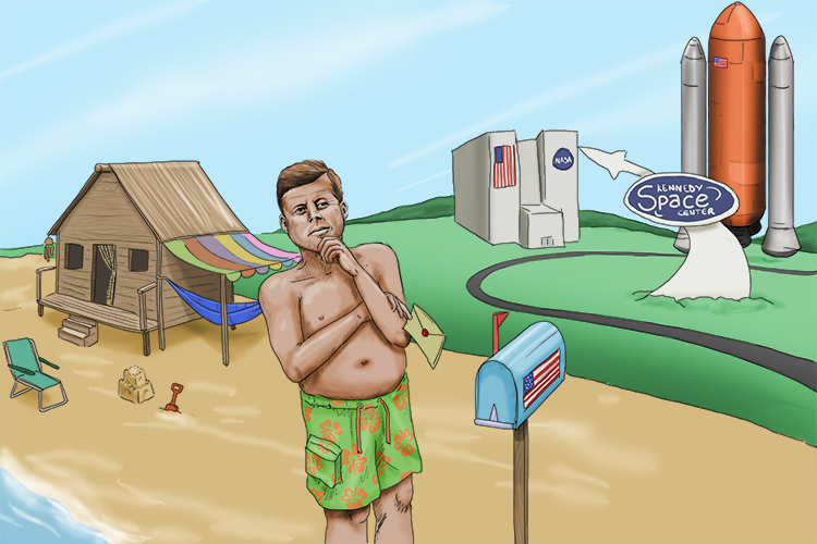 As he went to collect his mail (35), the man who lived by the Kennedy Space Center (Kennedy) wondered why no one else had built a beach hut (961 = 1961) there.