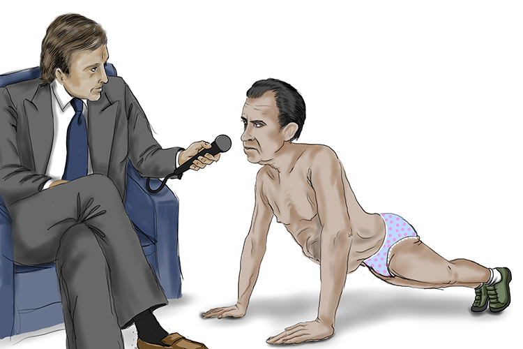 The mic (37) was placed in front of the president who had just knickers on (Nixon) while he did a pushup (969).