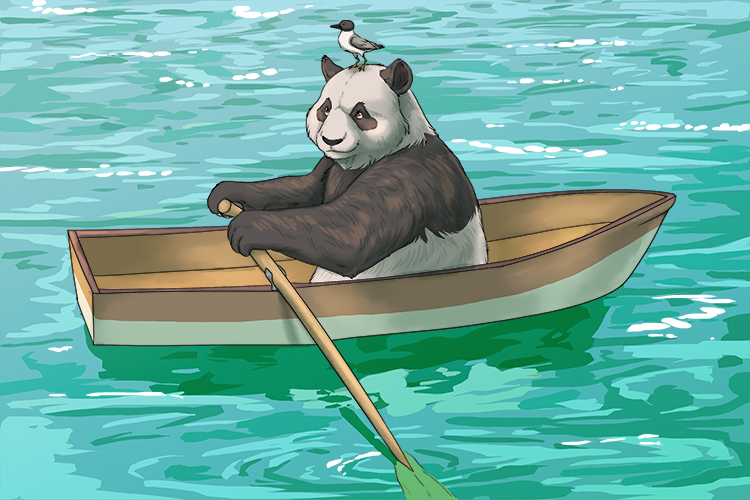 The little bird sat with the panda happily rowing (pájaro) on the lake.