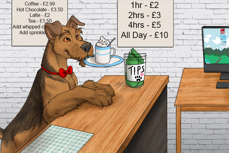 The café was a cybercafé with a terrier (cafeteria) dog serving behind the counter.