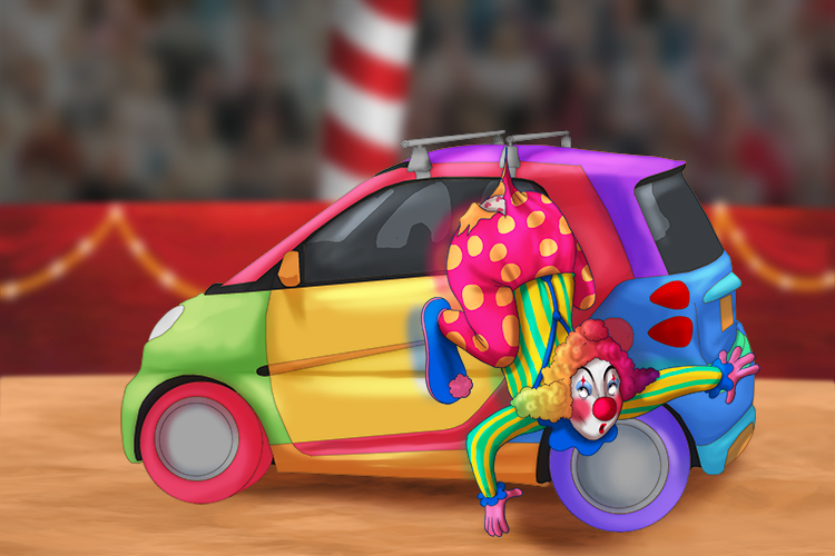The clown character arrived in the big top on a car roof rack and managed to tear (carácter) his baggy trousers as he jumped off.