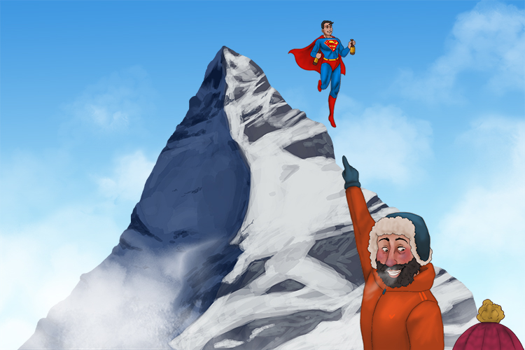 Once we climb to the top of this mountain Superman will give us a cold beer (subir).