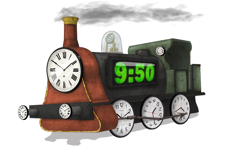 There were clocks everywhere on the railways oldest locomotive (reloj).