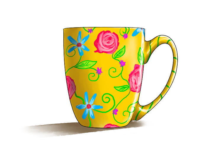 The colour of the cup's floral (color) design as very bright.