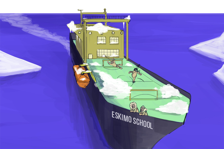 The school for the Eskimos was a whaler (escuela) - a ship they had once used for hunting whales but which now had classrooms inside and a playground on the deck.