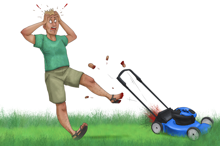 As he cut the grass, he erred badly (hierba) and cut off his toes with the mower.