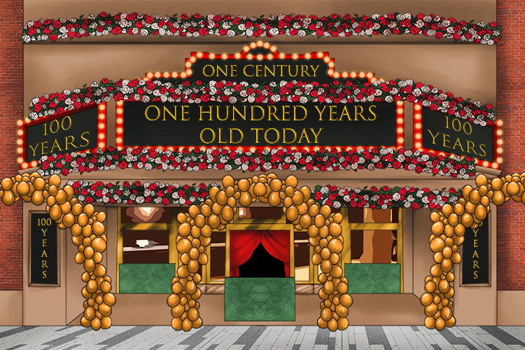 Celebrating one hundred years, the century-old theatre's entrance (cien) was decorated with flowers and balloons.