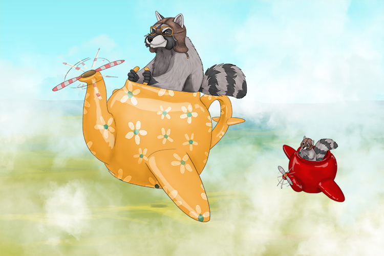 In this strange land, teapots fly through the air with raccoon (tierra) pilots.
