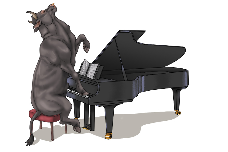 The bull loves playing the piano (piano).