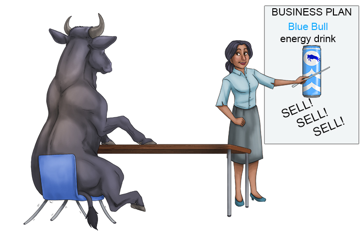 She presented the business plan (plan) to the bull.