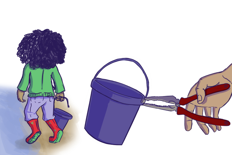On the beach, the handle came off her bucket, but her dad had a pair of pliers to fix it.