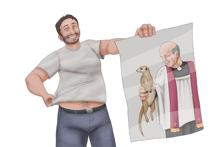Print the image of the priest holding a meerkat (imprimir) on my shirt.