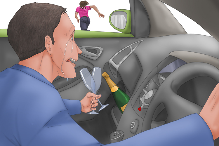 He offered to share some champagne from the glove compartment, but she ran away and he was left in tears (compartir).