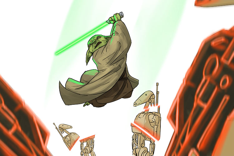 The shine of the lightsaber meant the battle was brief. Yoda (brillo) quickly defeated the droids