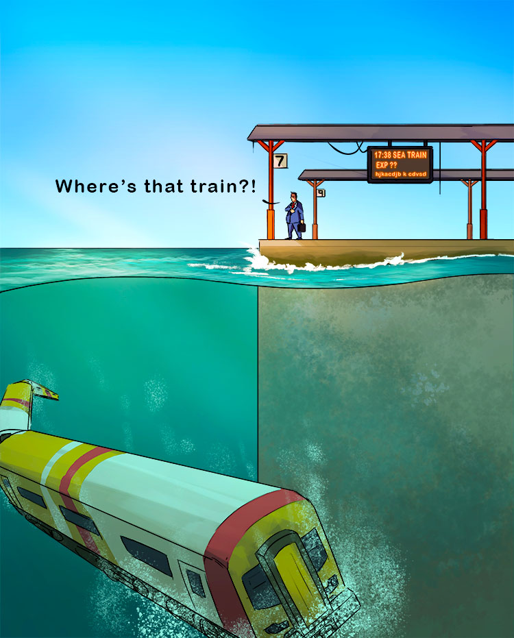 A station was established in the sea, but trains couldn't make it far on (estacíón) water