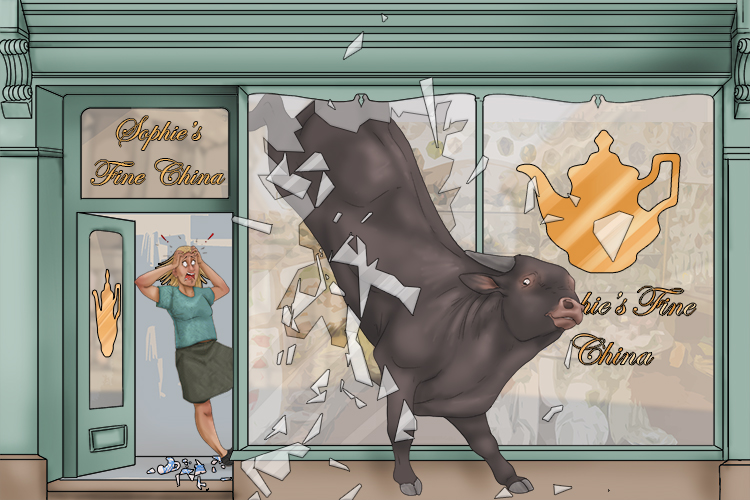 The bull's visit to the china shop was a total (total) disaster.
