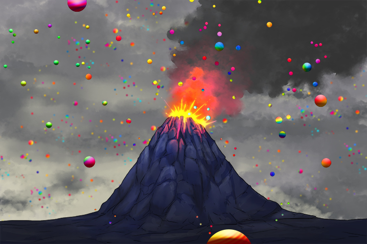 Out of the volcano (V) loads of colourful balls (V=B) erupted. 