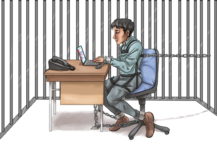 Work traps you as if you're trapped behind prison bars and in a harness (trabajar).