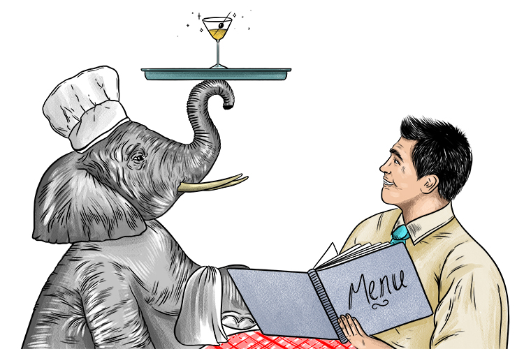 Elephant as a waiter in the restaurante to link that the word is masculine(El)