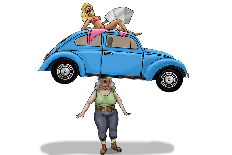 On her head was a car with a sunbather (cabeza) on the roof.