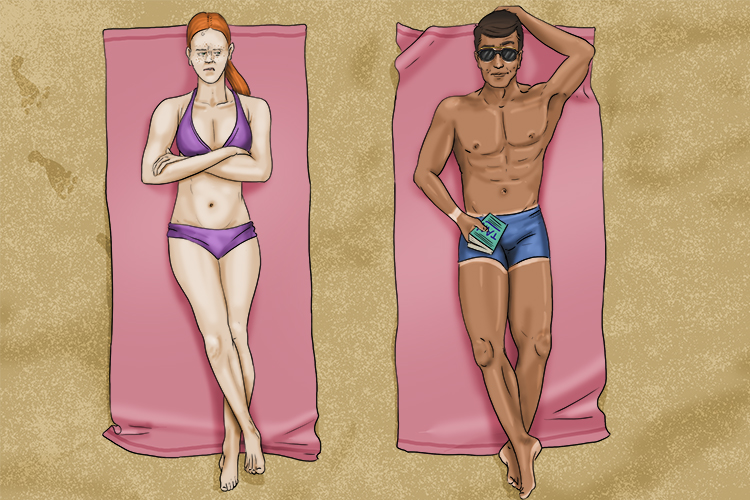 We lay together on the beach sunbathing – who can tan (junta) faster?
