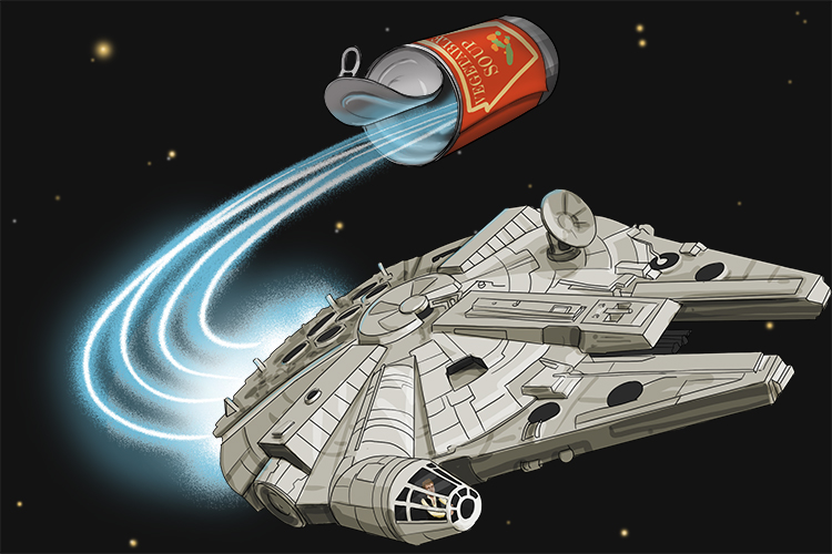 Out of the can came Han Solo flying the Millennium Falcon.
