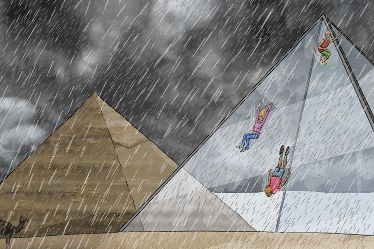 Imagine people sliding down the glass pyramid in the pouring rain.