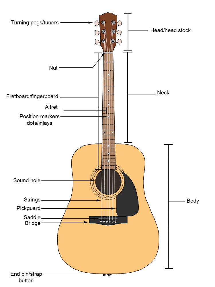 Here is a guitar and what each part of it is called