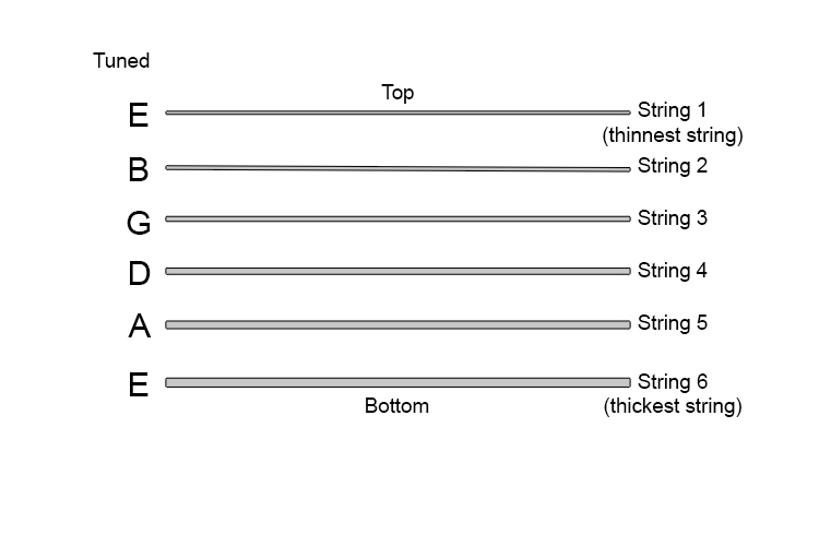 When you play any of the 6 strings on a guitar without pressing down on the fretboard (referred to as "open strings") the strings should be tuned as follows: