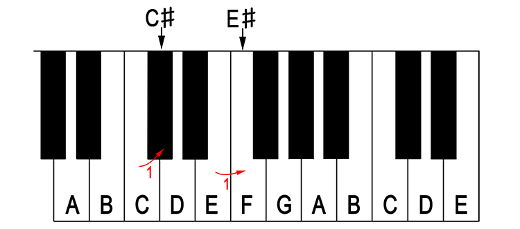 As an example, C sharp or E sharp on a piano would be: