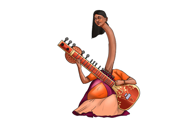 You must sit down to play this guitar-like (sitar) instrument, just like these Indian musicians with long necks and round bodies