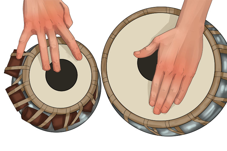 The technique of playing a tabla involves extensive use of the fingers and palms, which can be positioned in order to create an array of different sounds