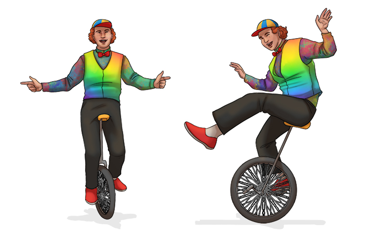 While on unicycles, the two identical sons (unison) sang the same tunes.