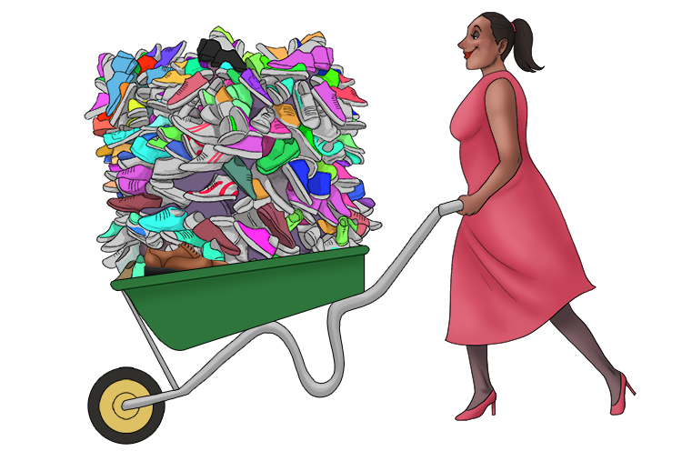 Imagine seeing a wheelbarrow stuffed with shoes.