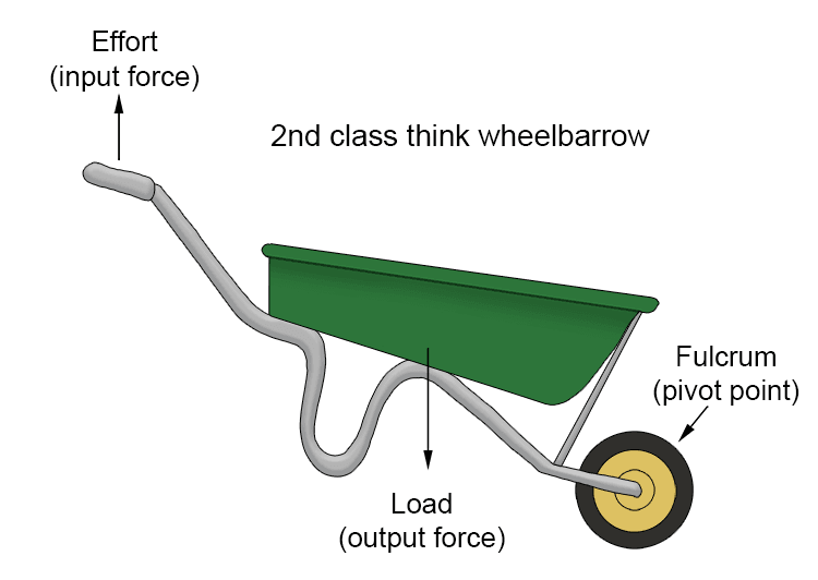 A second class lever has the load in the middle (e.g. a wheelbarrow).