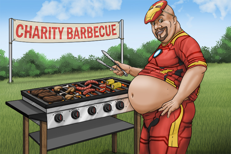 Iron Man was outside cooking a barbecue on a large griddle. Lots of meat was being cooked because he planned to have a big charity (plancha) event.