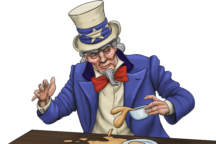 My Uncle Sam always spills his tea over (tío) everything.