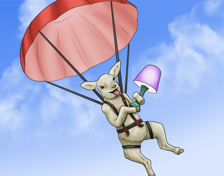 While holding a lamp, the lamb parachuted (lámpara) down.