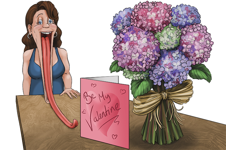 With her mouth wide open, she showed her surprise at receiving a bouquet and card (boca) for Valentine's Day.